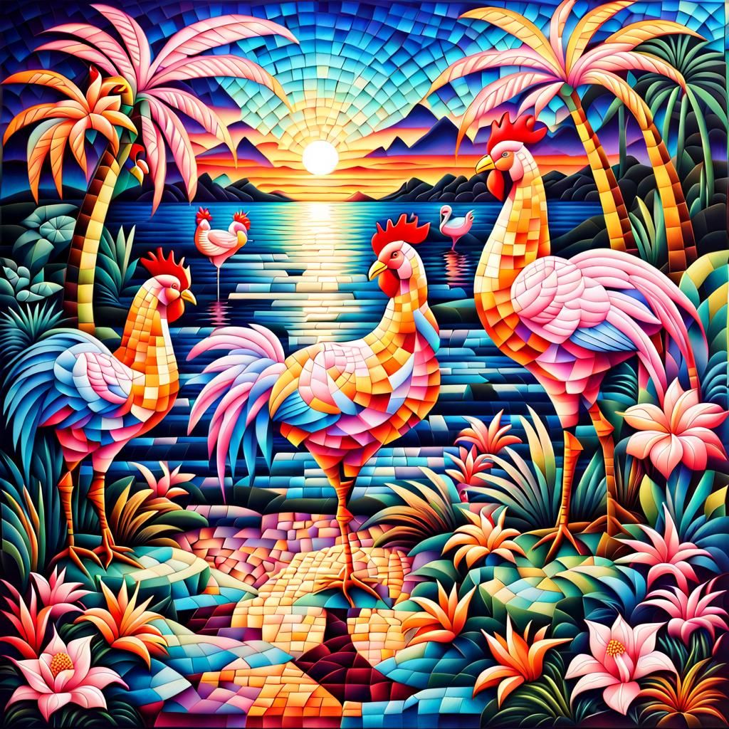 Tropical Cubist Dreamscape with Flamingos