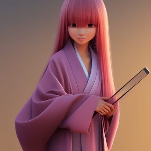 Cute Anime Girl with Pink Hair in Kimono