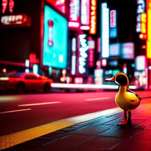 Cyberpunk Duck Walks Shibuya Street at Night