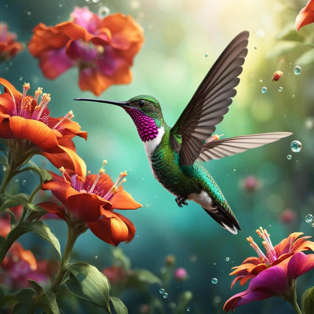 Hummingbird at Flower: Detailed Matte Painting