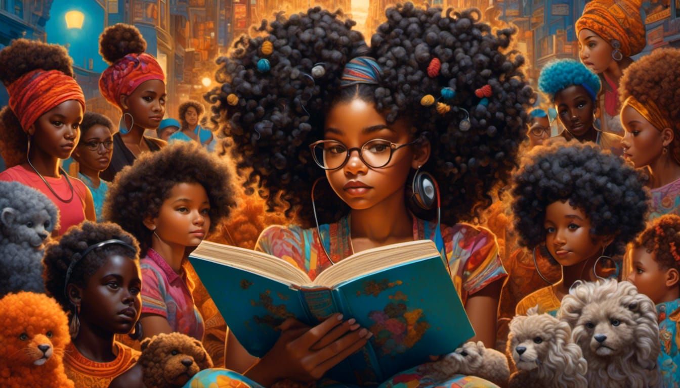 Girl Reading with Bas-Relief Portraits in Hyperreal Style