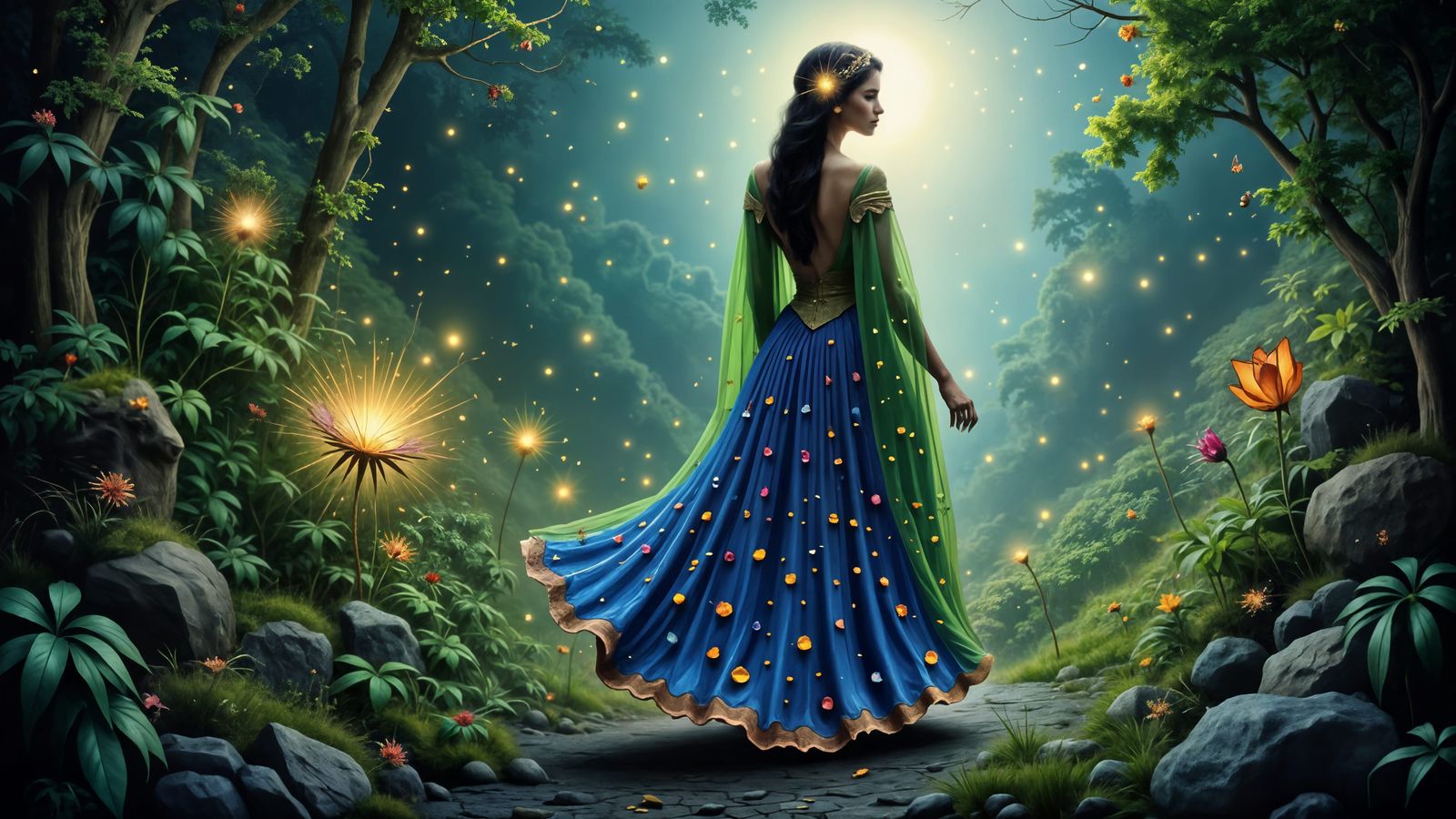 Ethereal Princess Surrounded by Whimsical Creatures Under a ...