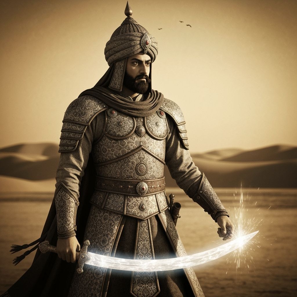 Qajar Warrior with Crystal Sword in Desert Oasis