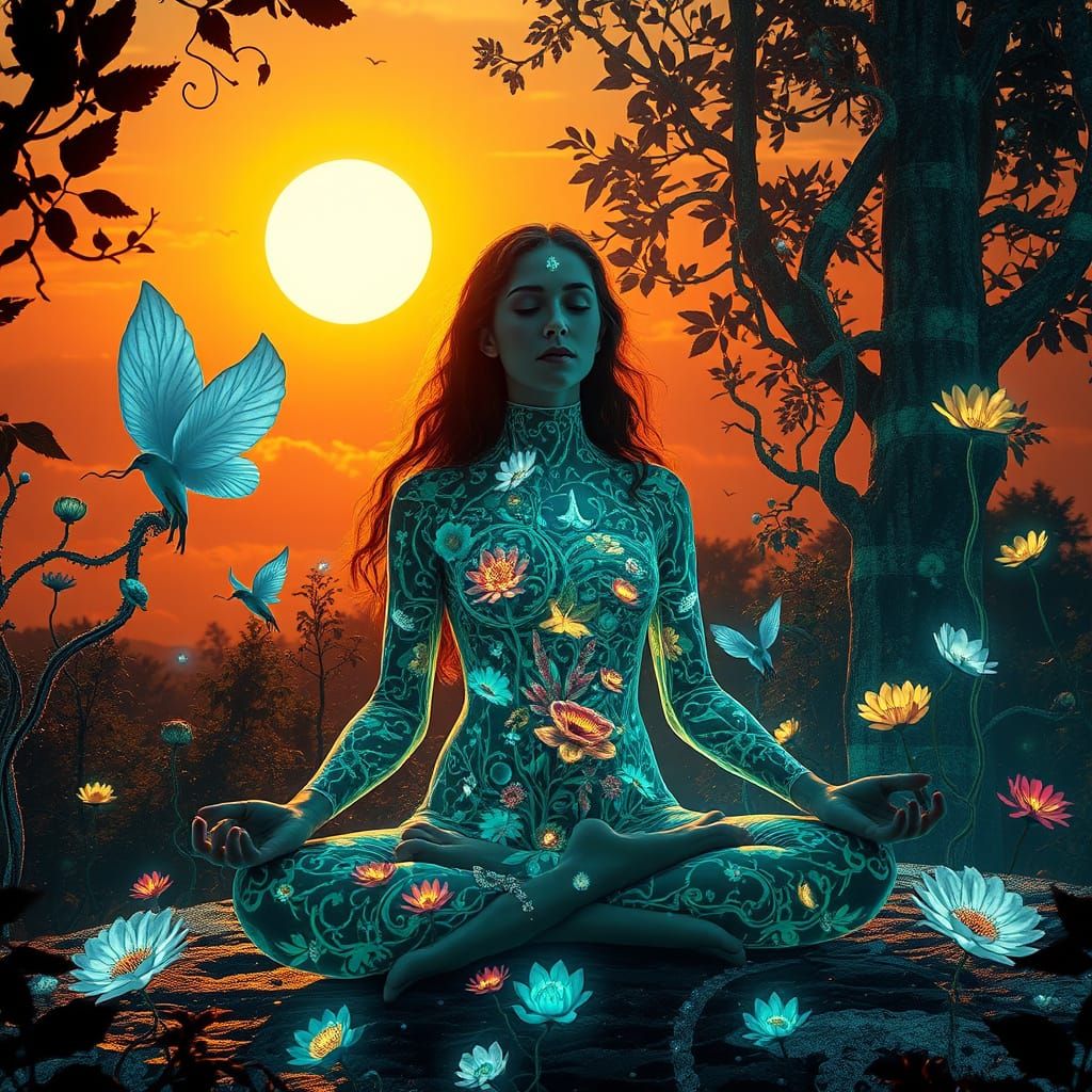 Dreamlike Mystical Woman in Labyrinth of Light and Color