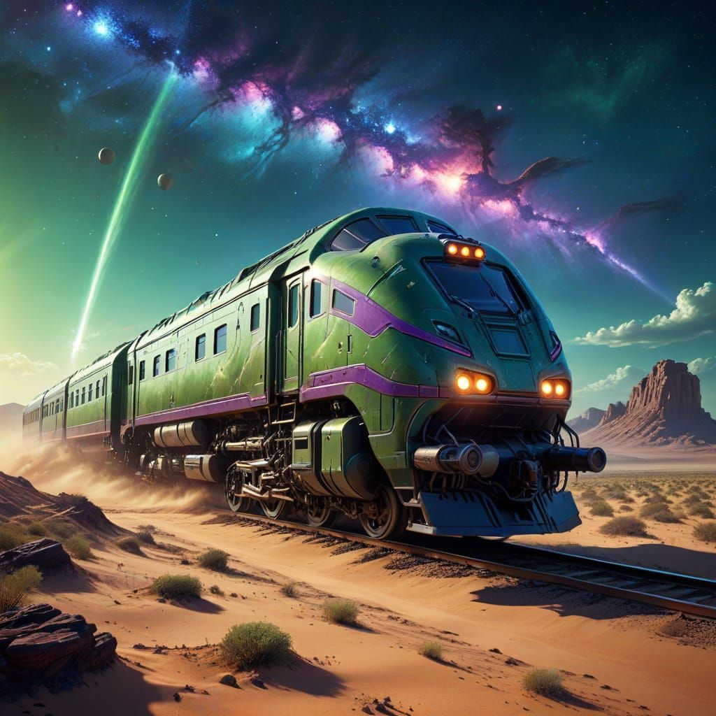 Epic Cinematic Space Train in Vibrant Alien Landscape