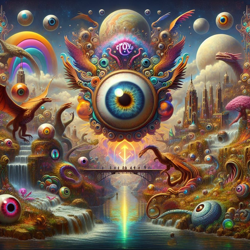 Surreal Festival Logo with Dragons and Futuristic Foliage