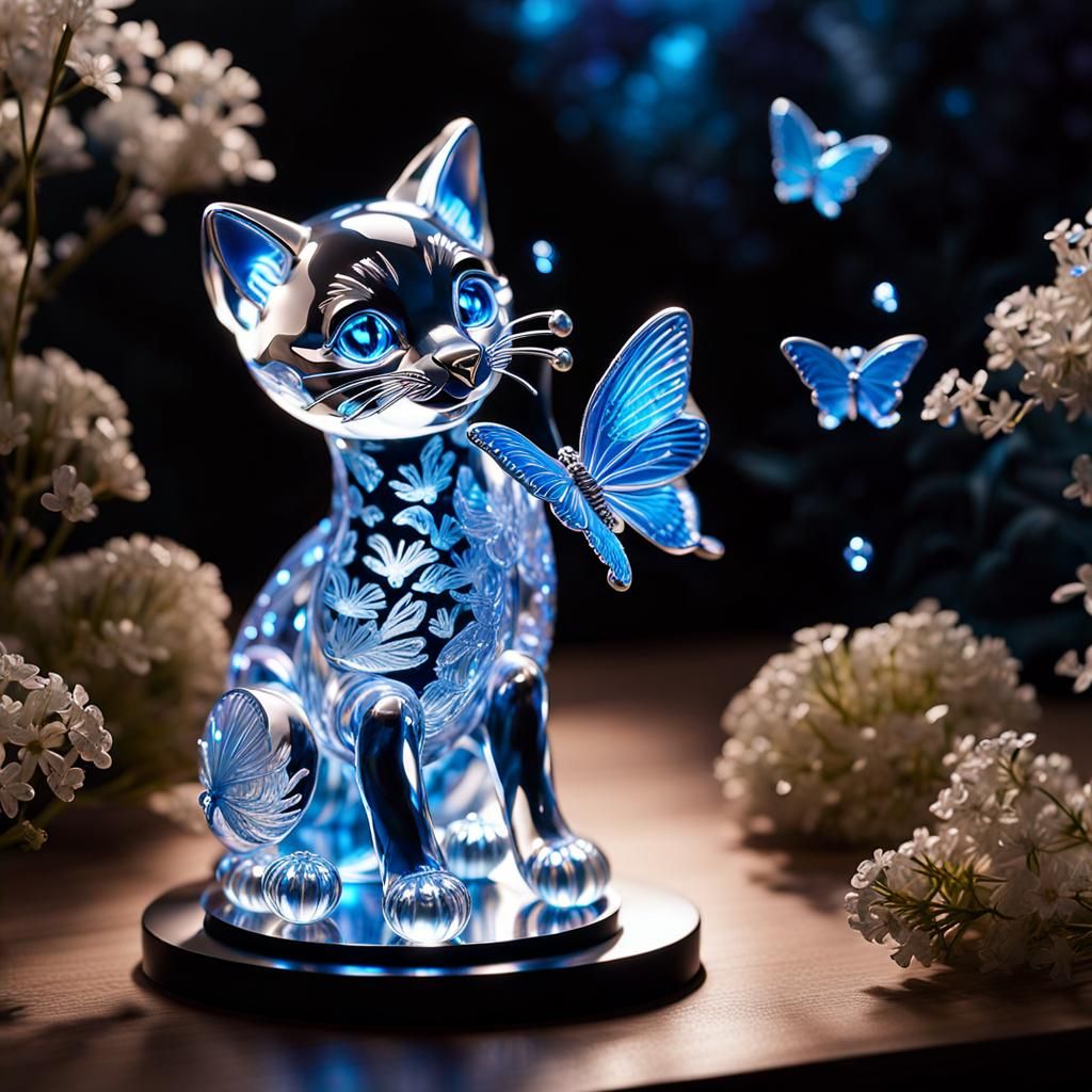 Crystal Kitten Sculpture with Bioluminescent Butterflies