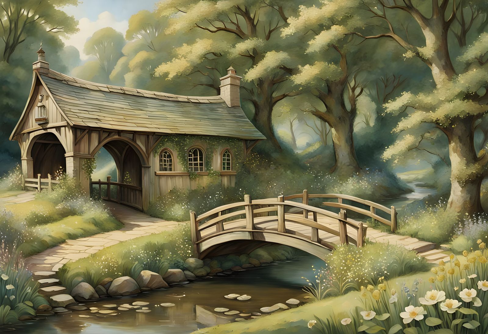 Idyllic Woodland Bridge in Whimsical Oil Painting Style
