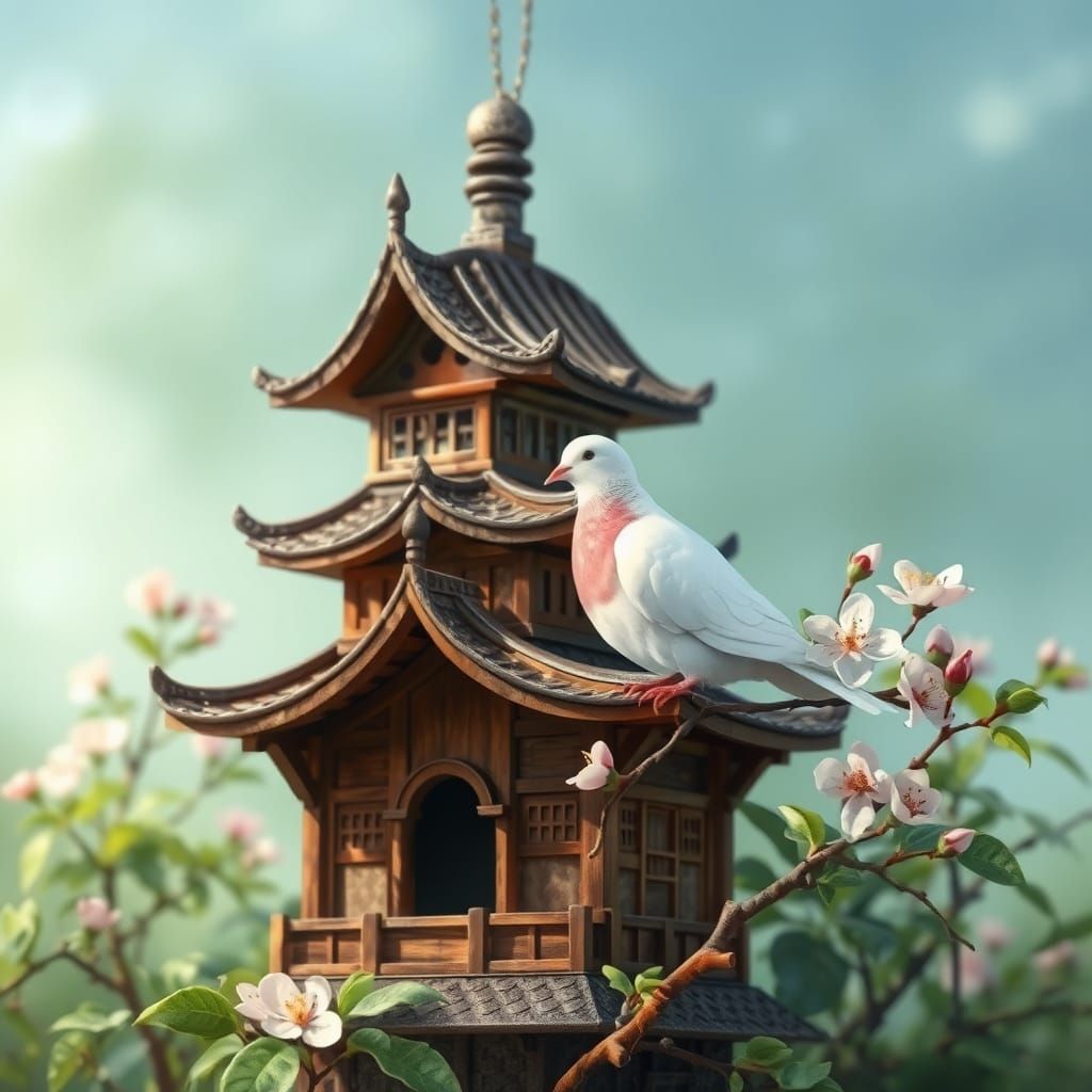 Japanese Castle Birdhouse with Dove, Miyazaki-esque Watercol...