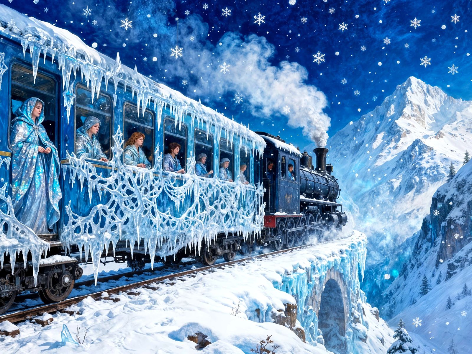 Magical Winter Train Journey Through Snowy Mountains