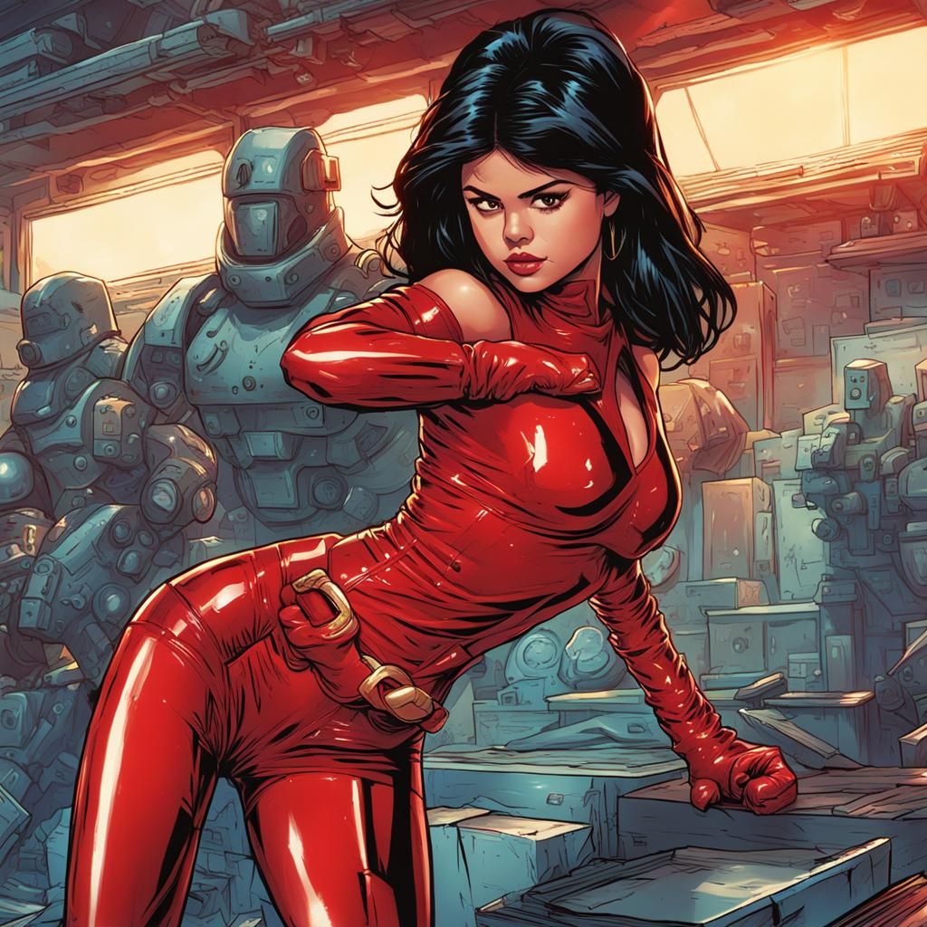 Selena Gomez in Red Latex: Comic Book Art