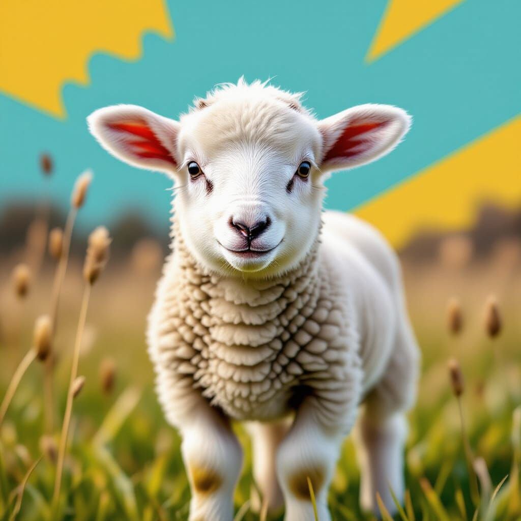 Lamb-Human Hybrid Portrait in Geometric Bauhaus Pop Art