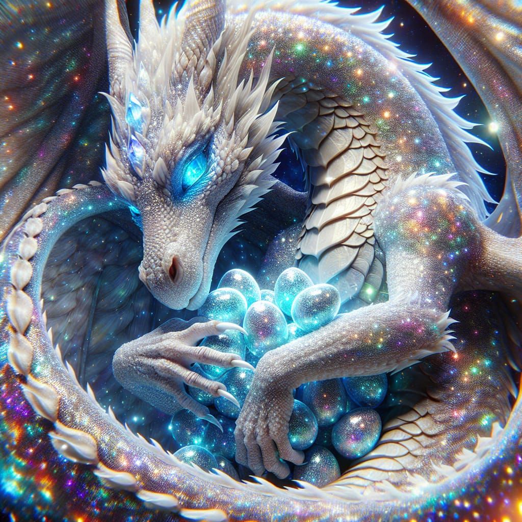 Majestic Mother Dragon Protecting Eggs, Holographic Astral I...