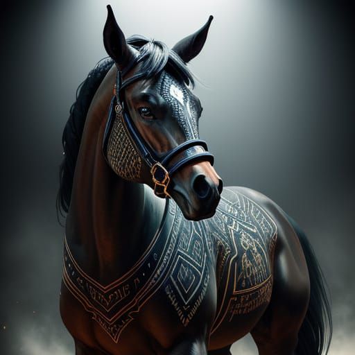 Hyperrealistic Tattooed Horse in Smoky Arena