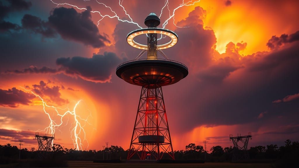 Illuminated Tesla Tower at Sunset in Filmic Style