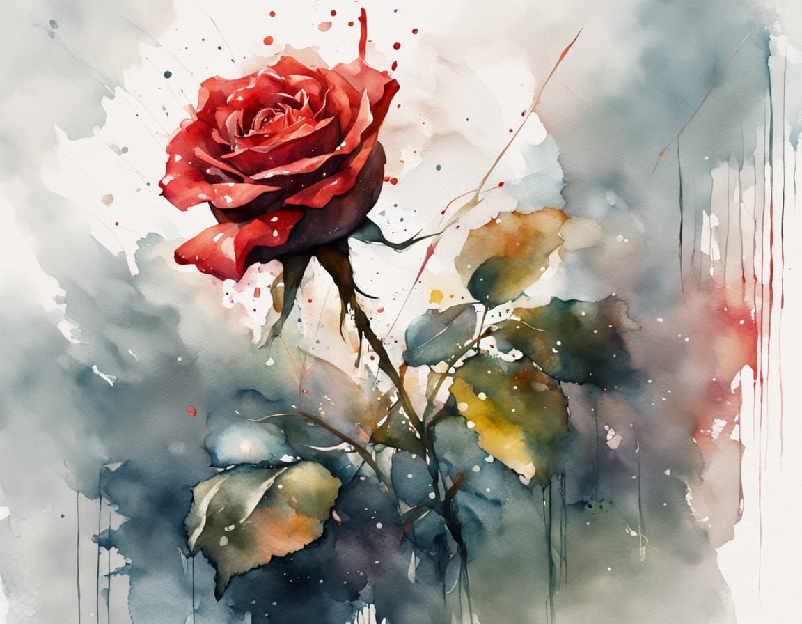 Luxurious Red Rose with Water Droplets, Watercolor Style