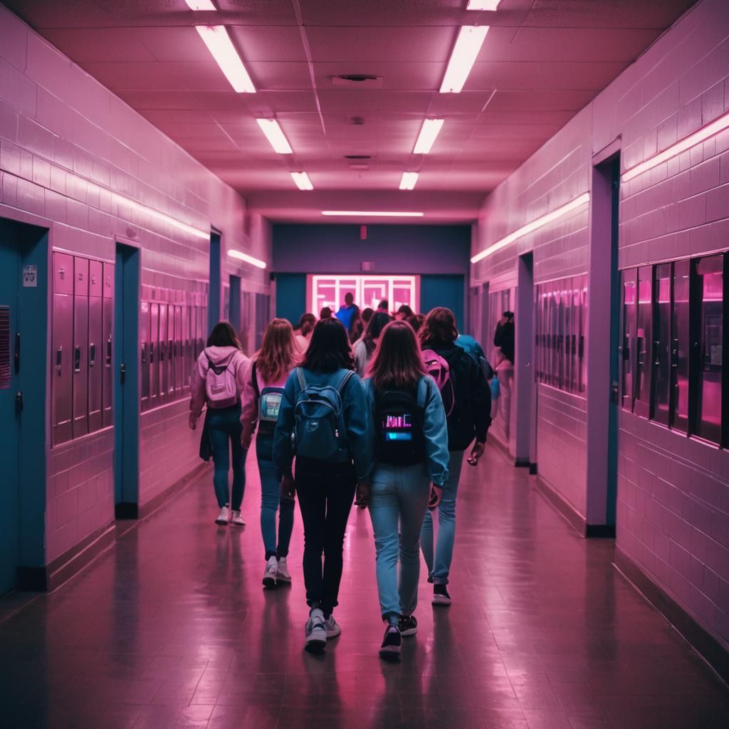 Synthwave High School Hallway with Neon Lights