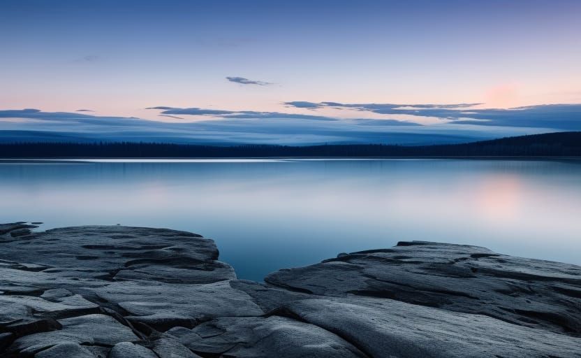 Moody Blue Lakeside Landscape at Dusk