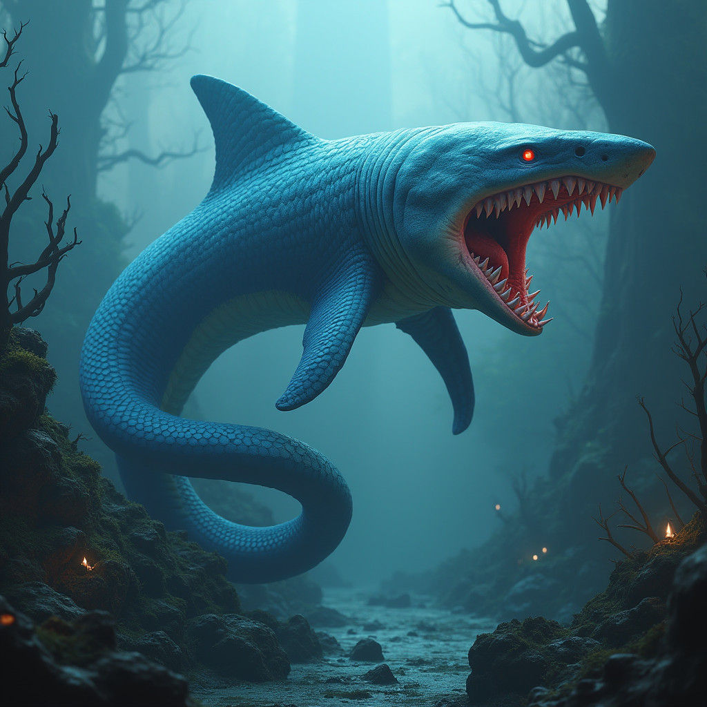 Serpentine Shark Hybrid in a Mystical Realm