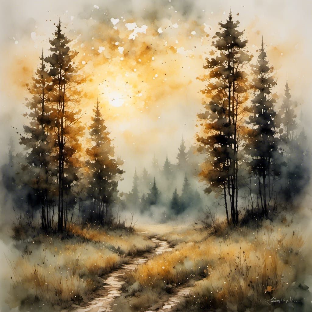 Deciduous Forest Clearing at Dawn: Antique Watercolor