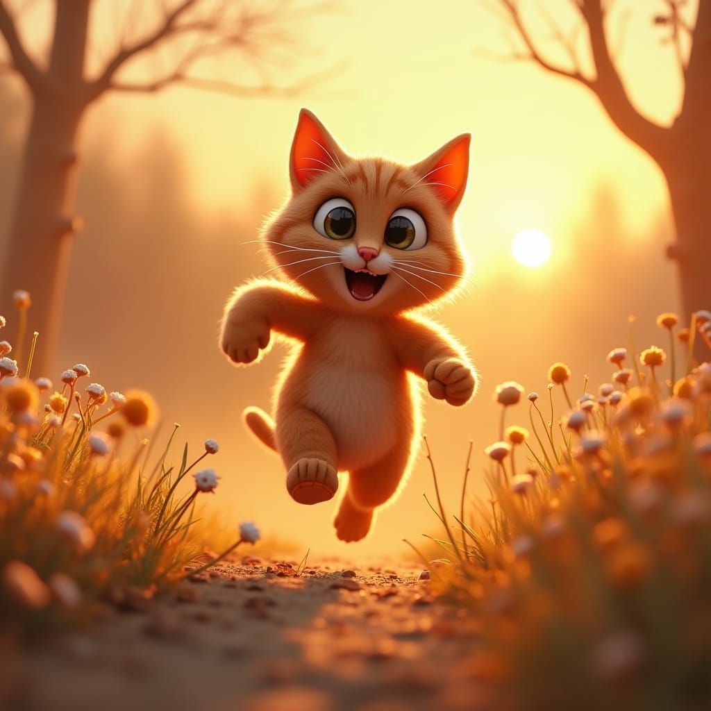 Joyful 3D Cat Run at Sunrise in Cubist Style