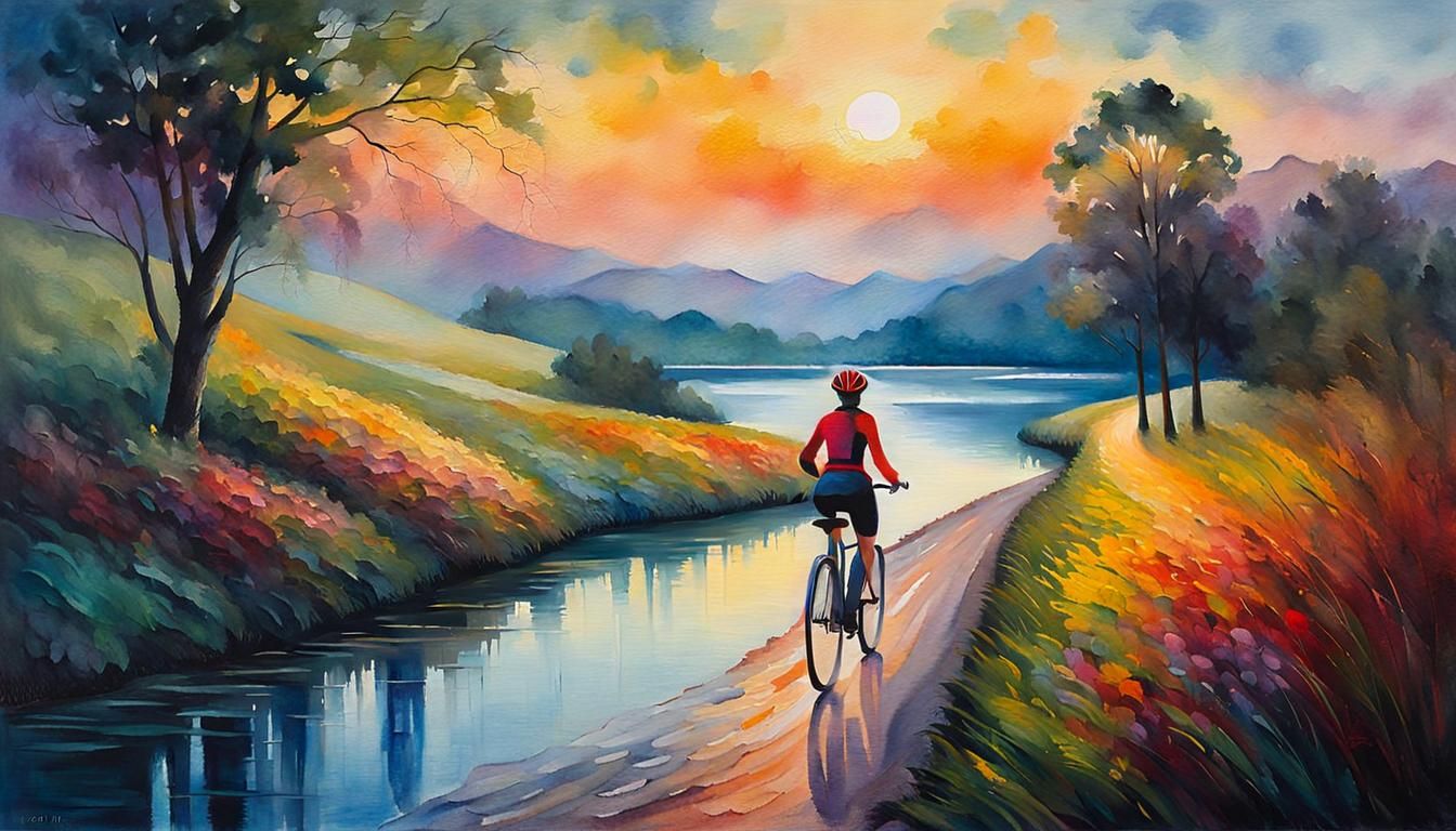 Woman Cyclist at Twilight: Neo-Impressionist Oil Painting