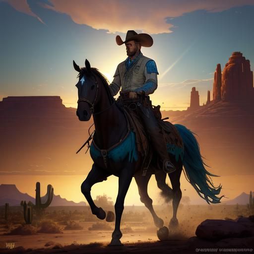 Cowboy at Sunset in Arizona Desert, Digital Art
