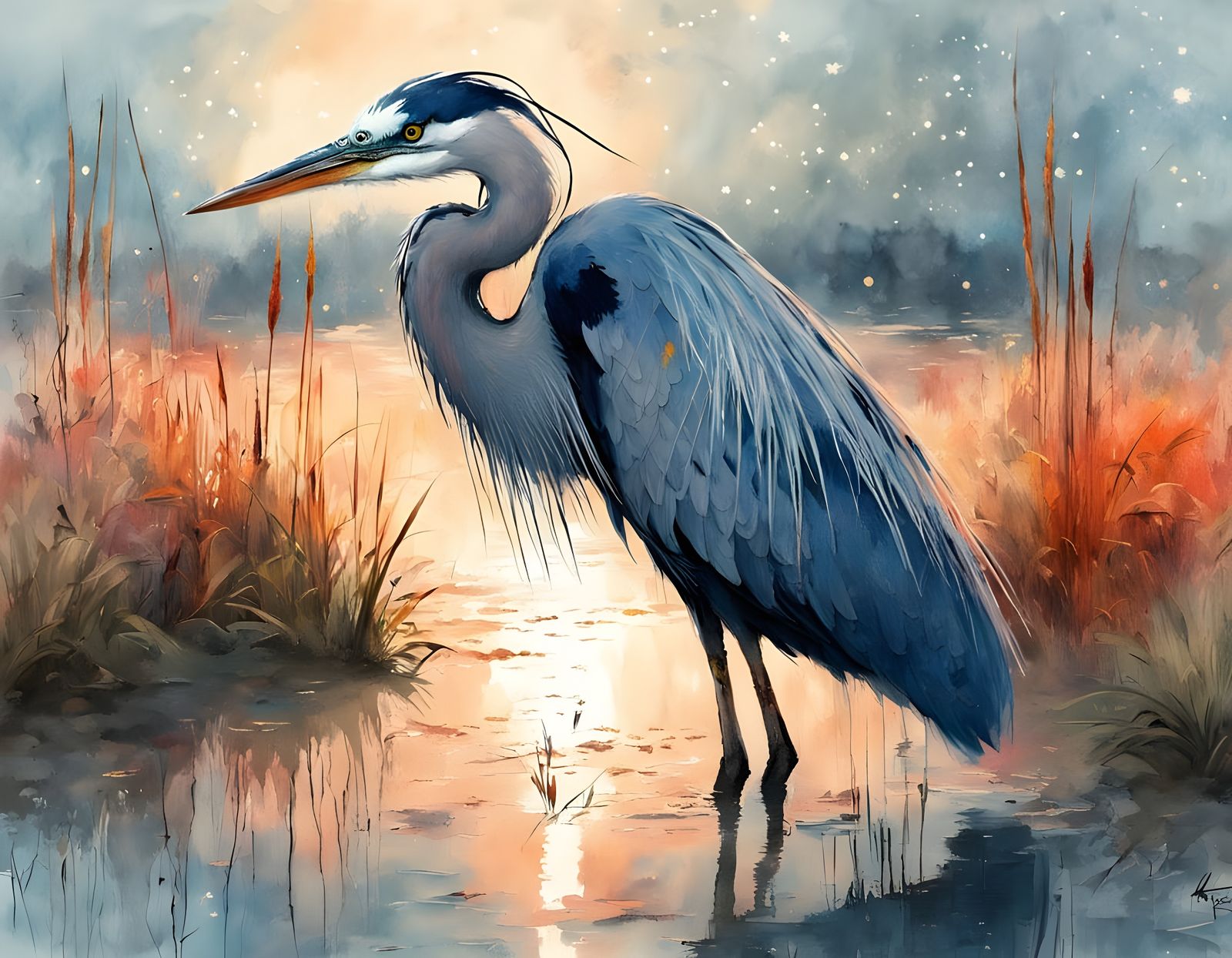 Surreal Sunrise Watercolor Scene with Birds