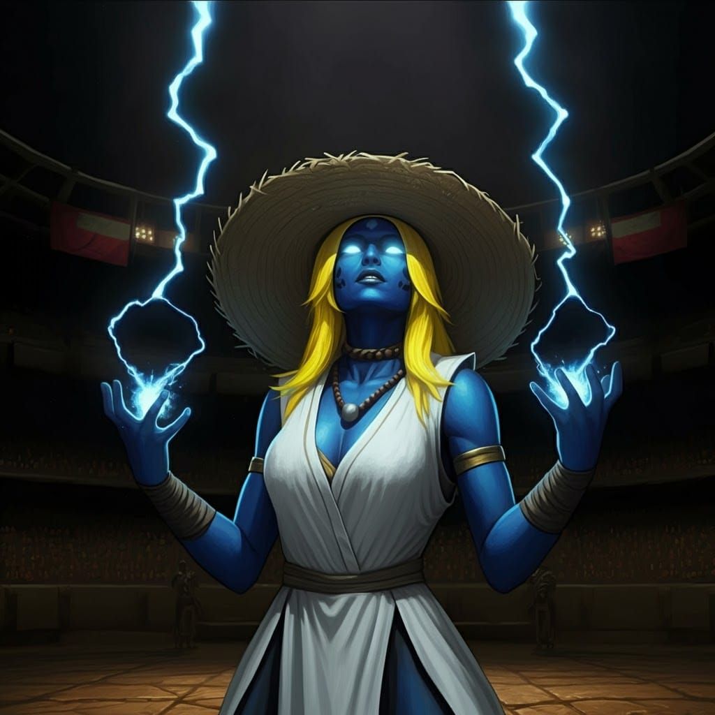 Blue-Skinned Woman Conjures Lightning: Retro Pixel Art