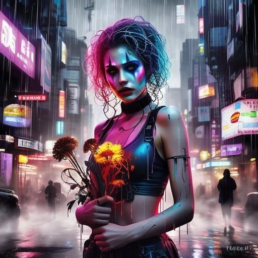 Cyberpunk Female Clown in Rain-Slicked Alleyway
