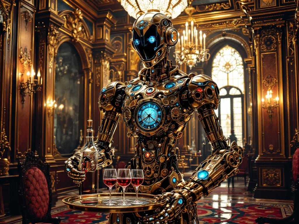 Elegant Clockwork Butler in Gilded Luxury Setting