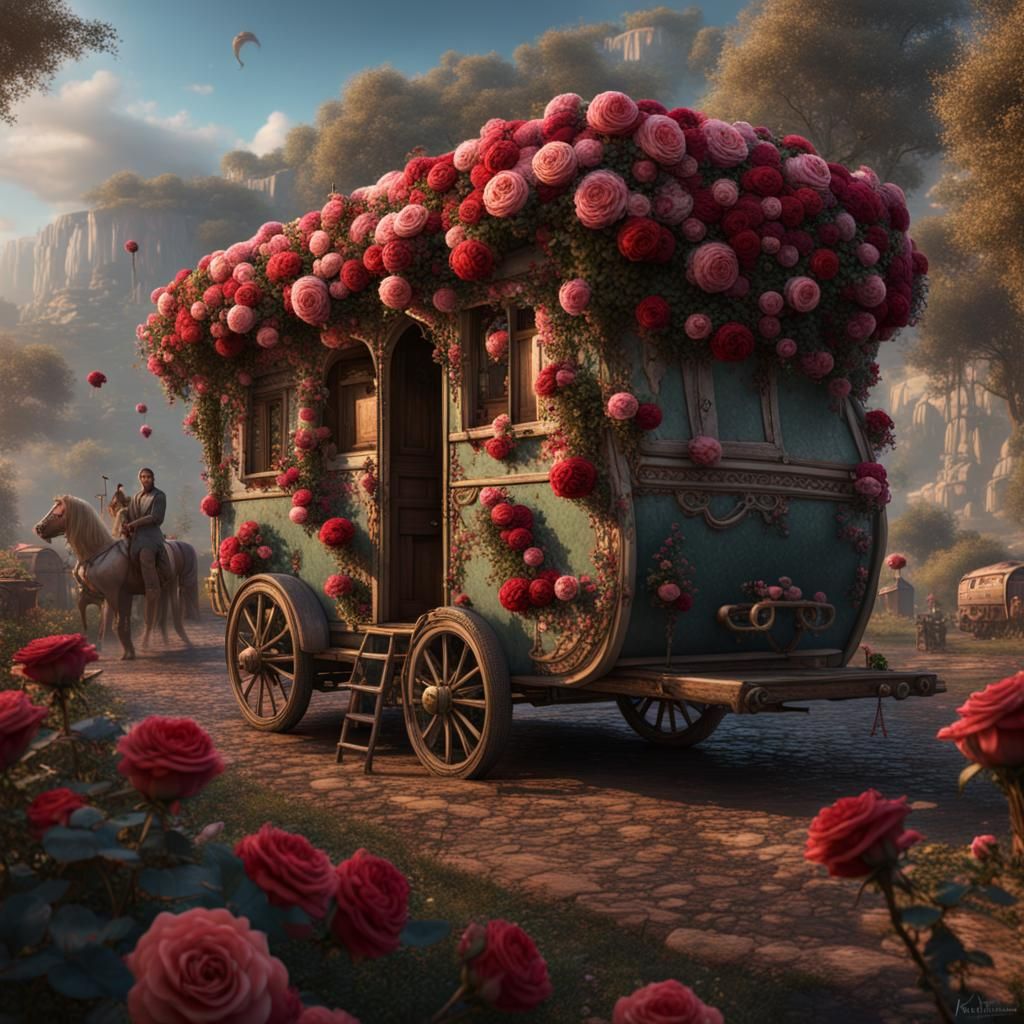 Gypsy Caravan with Roses: Detailed Matte Painting
