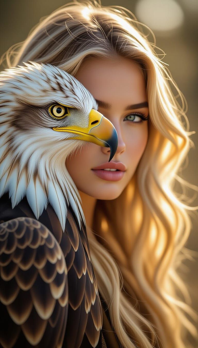 Double Exposure Portrait of Woman and Eagle