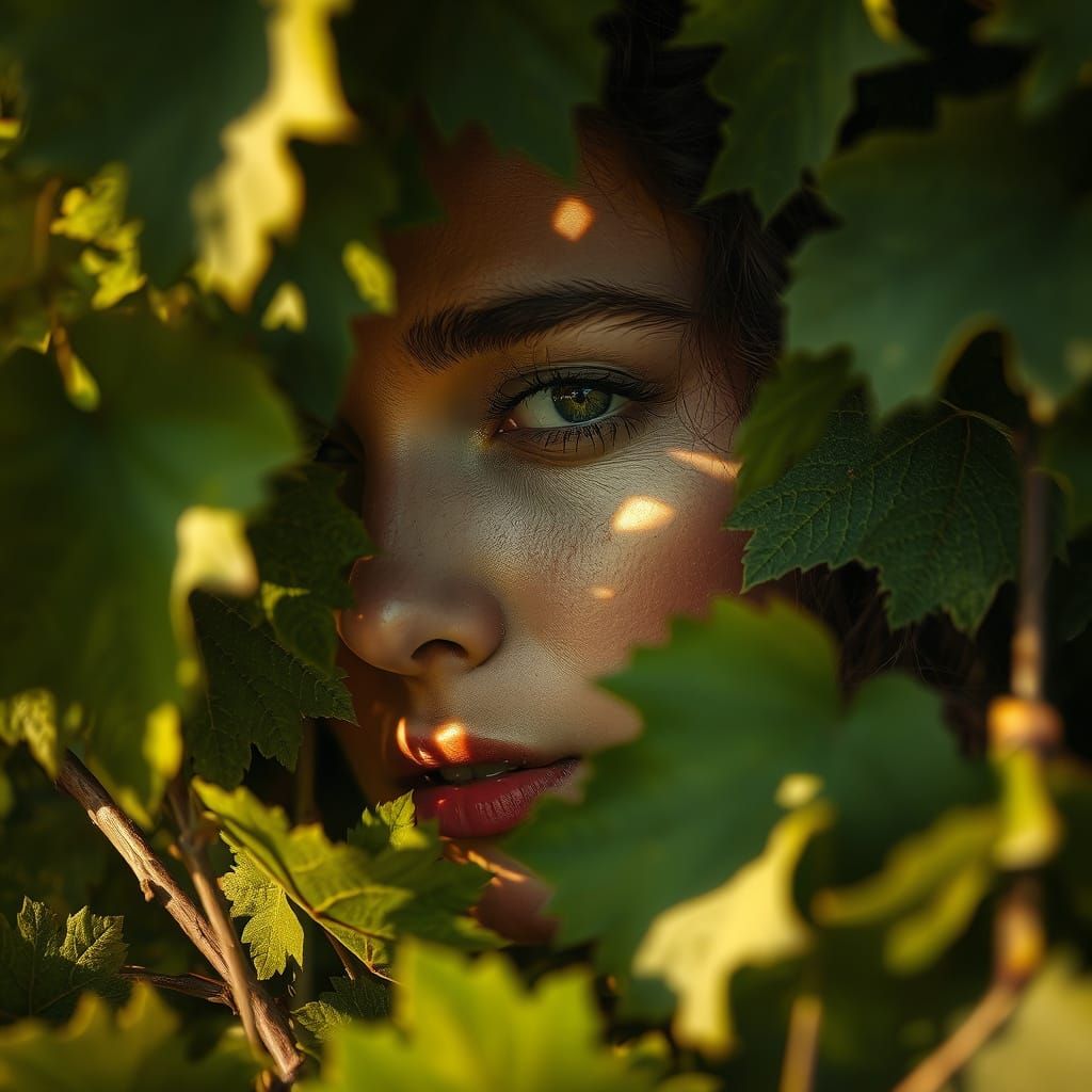 Woman Emerges from Vineyard Leaves in Soft, Dappled Light