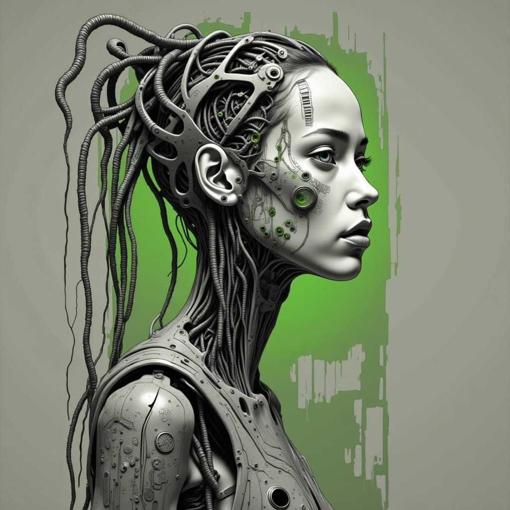 Cyborg Woman in Neon Dress, Giger Style