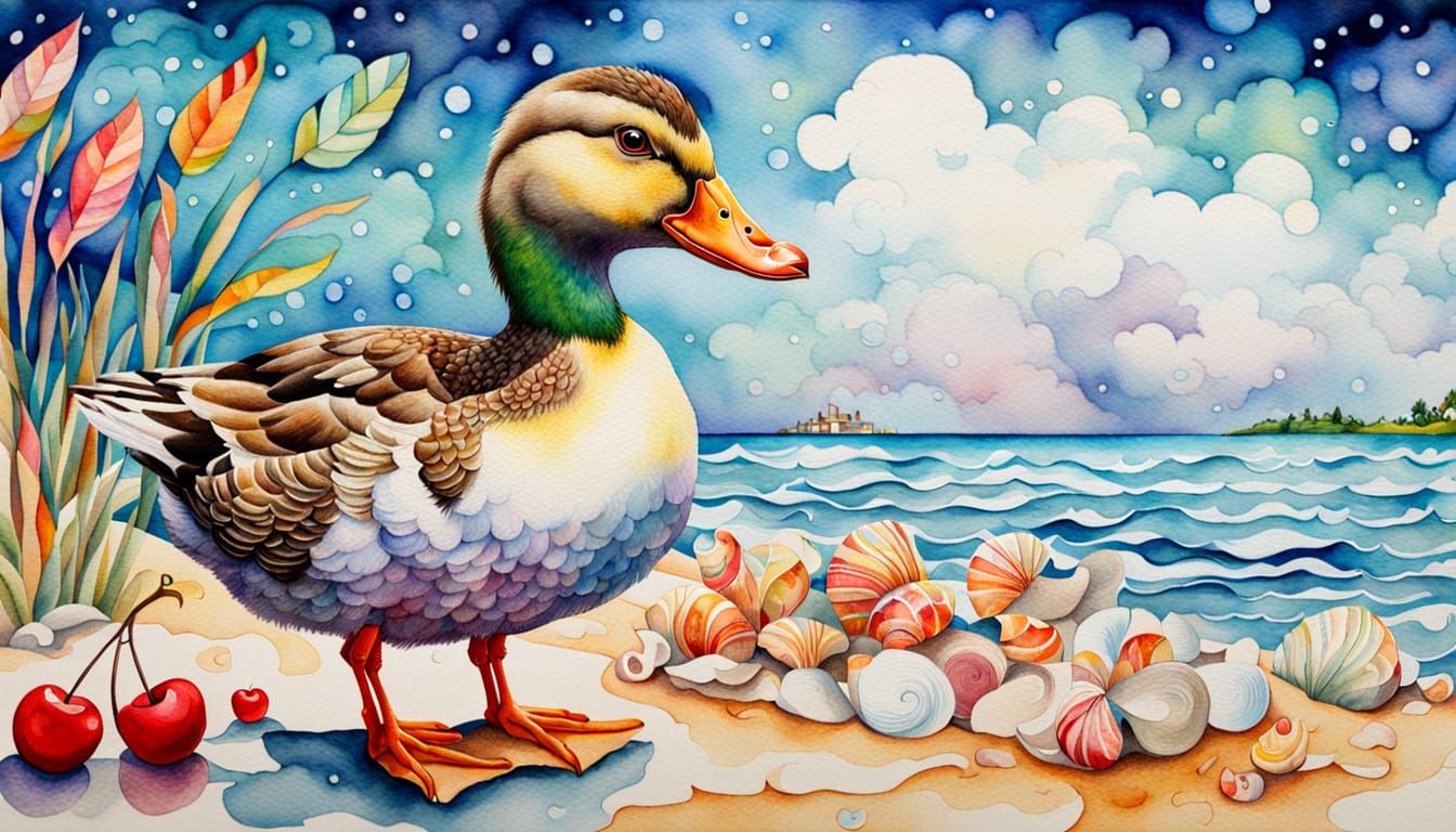 Duckling with Cherry on Beach in Watercolor Style