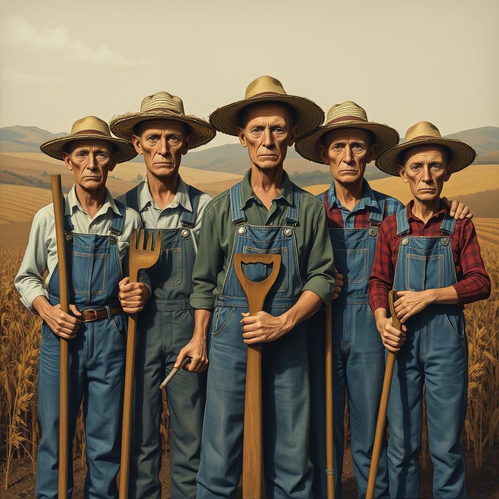 Surreal Farmers with Tools in Expressionist Style