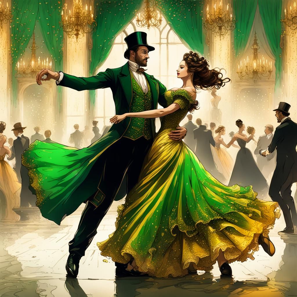 Victorian Couple Dancing in Elaborate Ink Painting