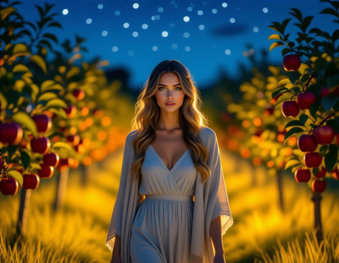Woman in Apple Orchard Under Starry Sky, Hyperrealistic Phot...