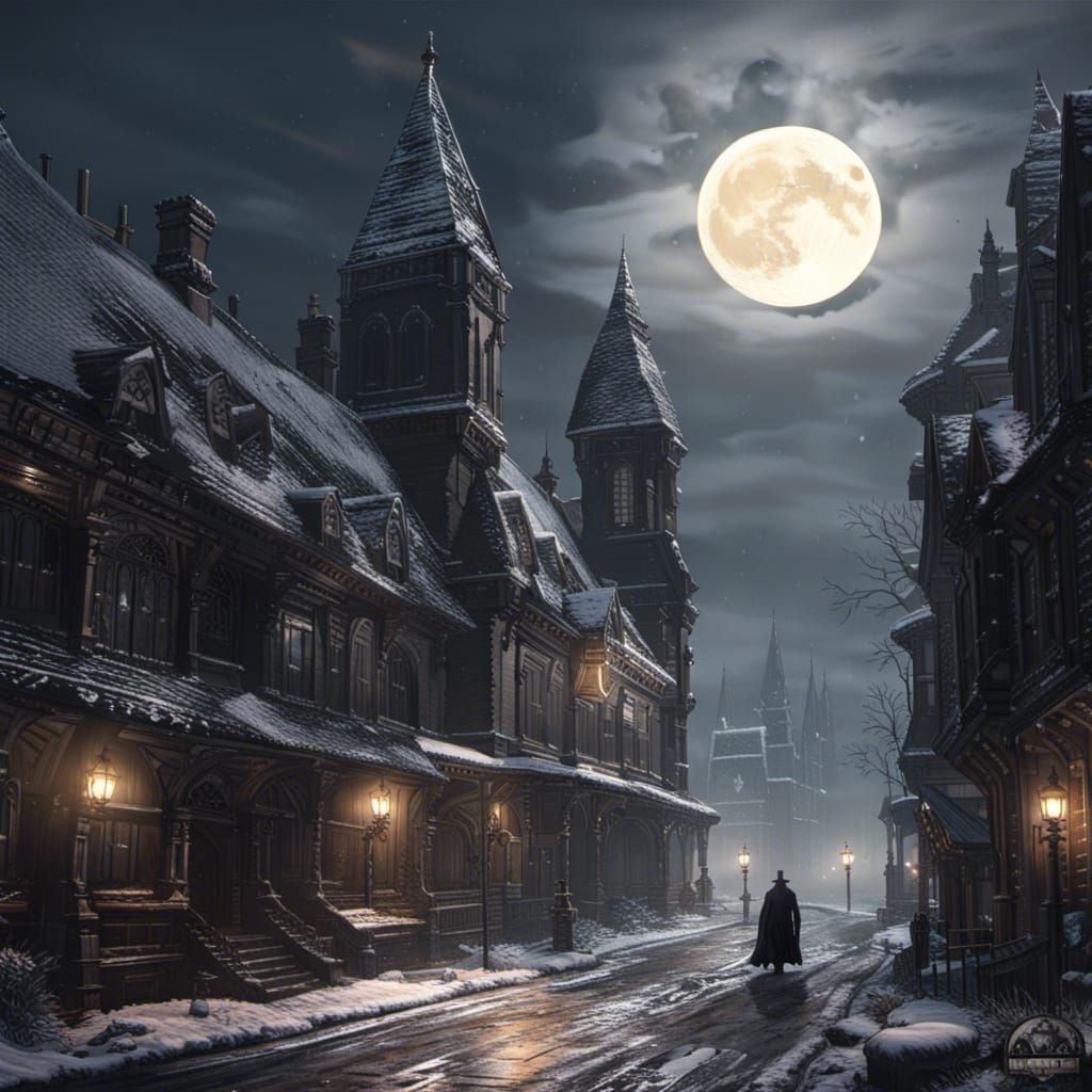 Snowy Gothic Vampire City under Moonlit Sky