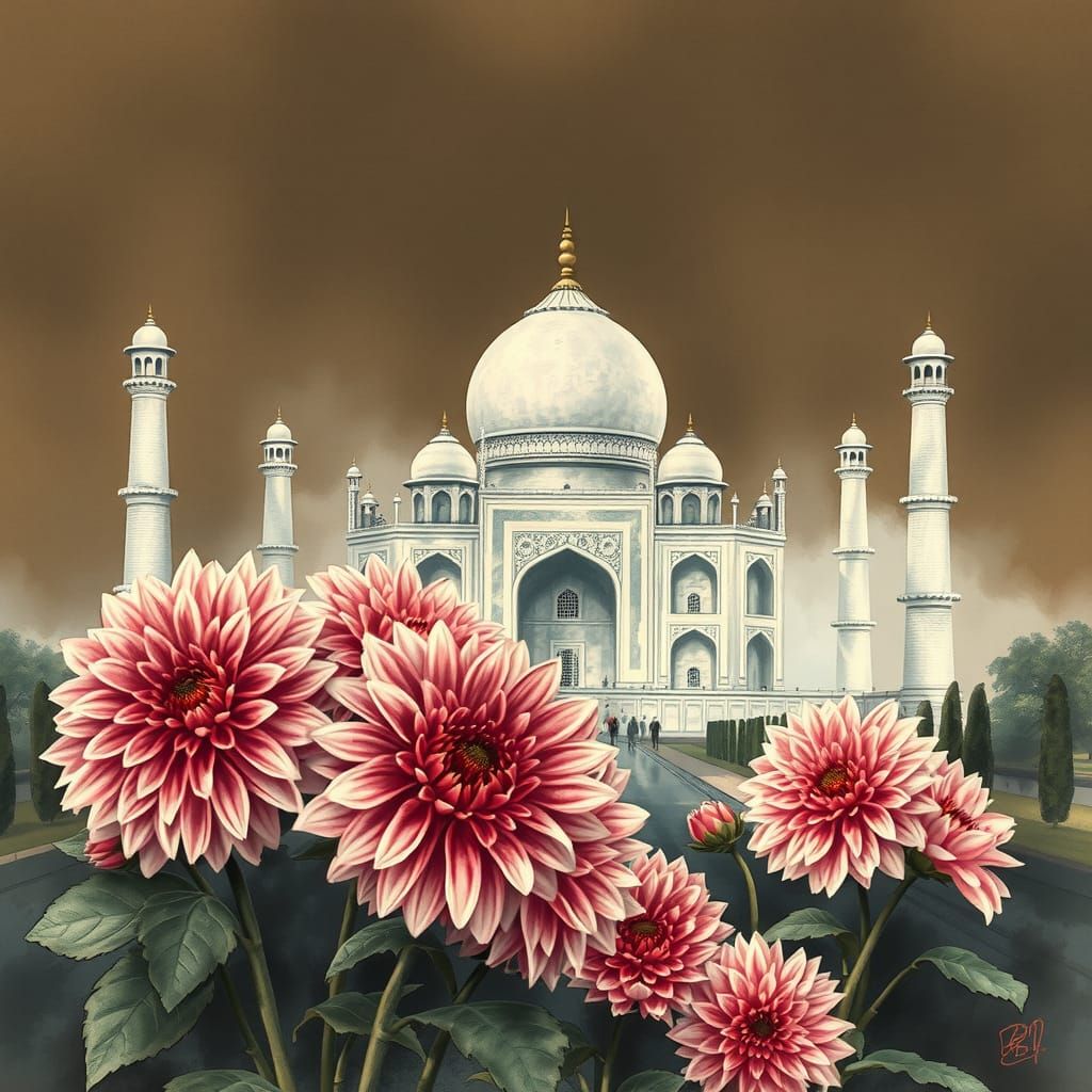 Dahlias in a Majestic Cyberpunk Landscape