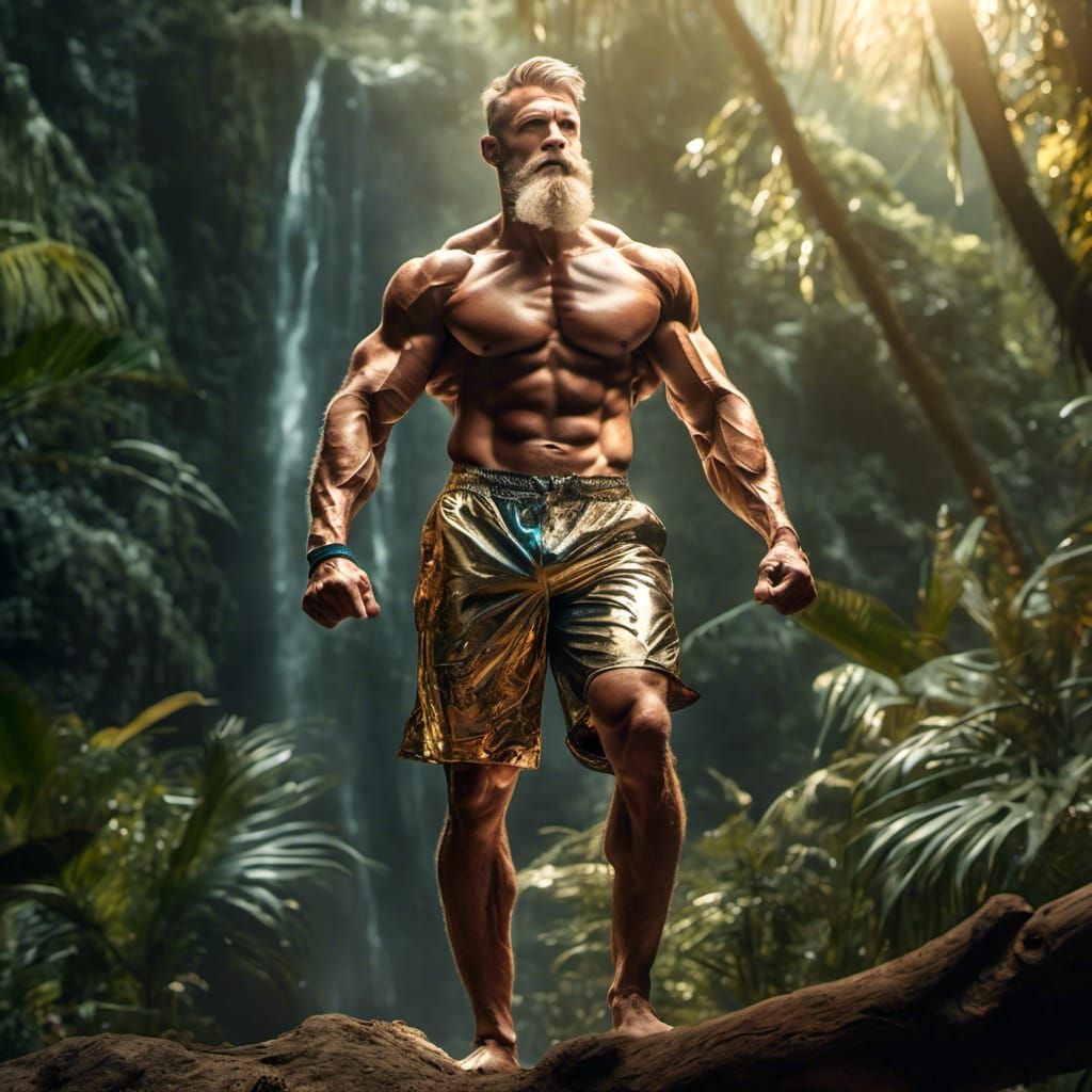 Muscular Bodybuilder Posing in Jungle Portrait