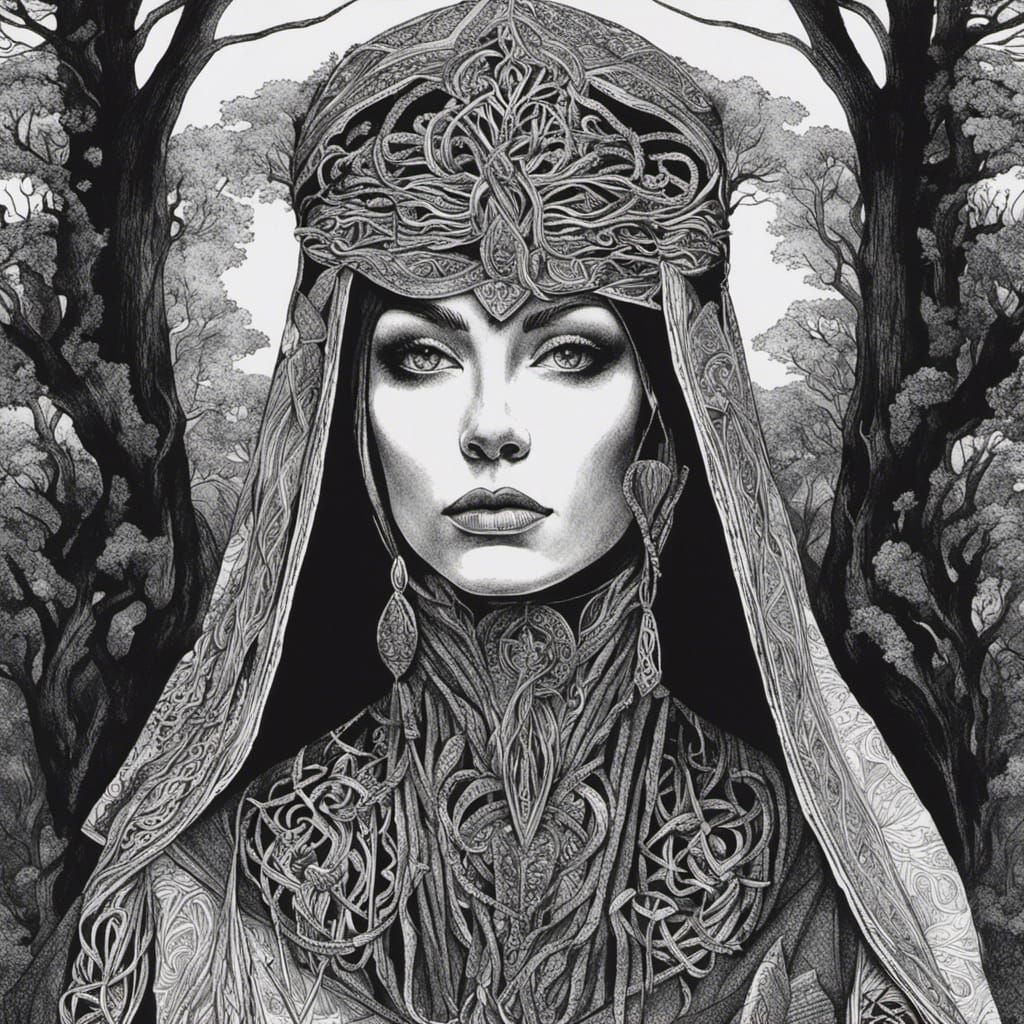 Eerie Celtic Woman in Forest: Black and White Ink Drawing