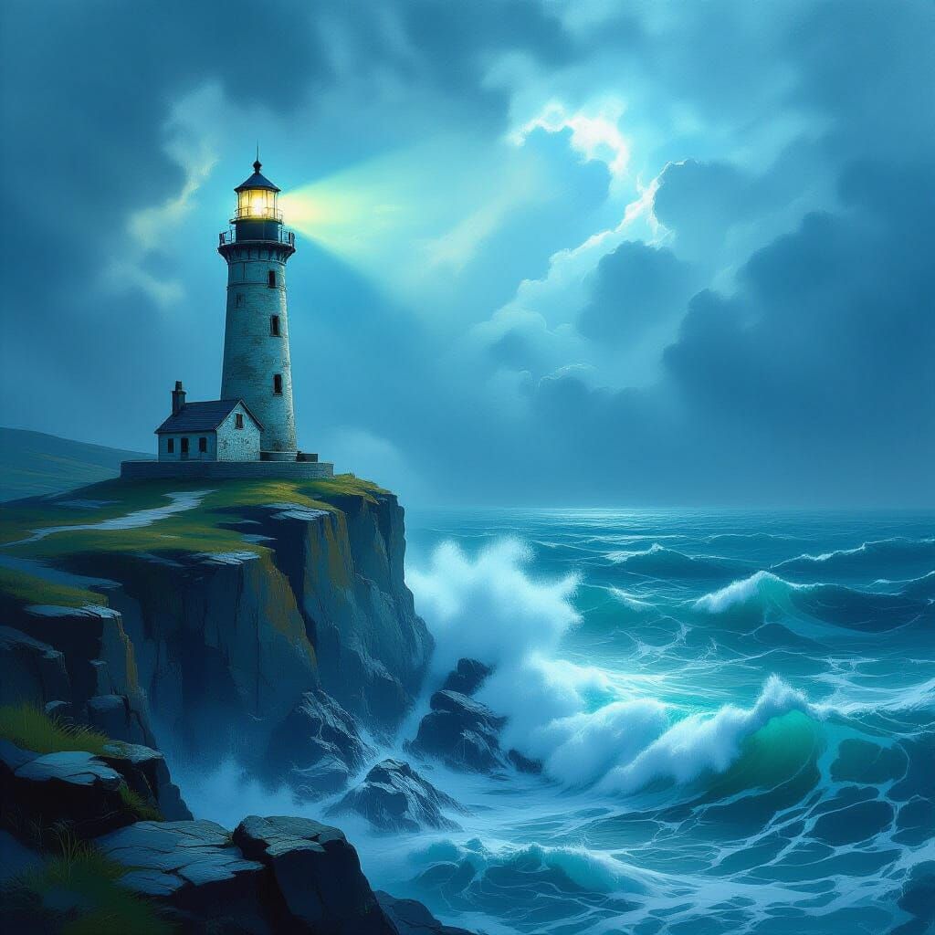 Gothic Lighthouse on Stormy Sea with Mythical Creatures