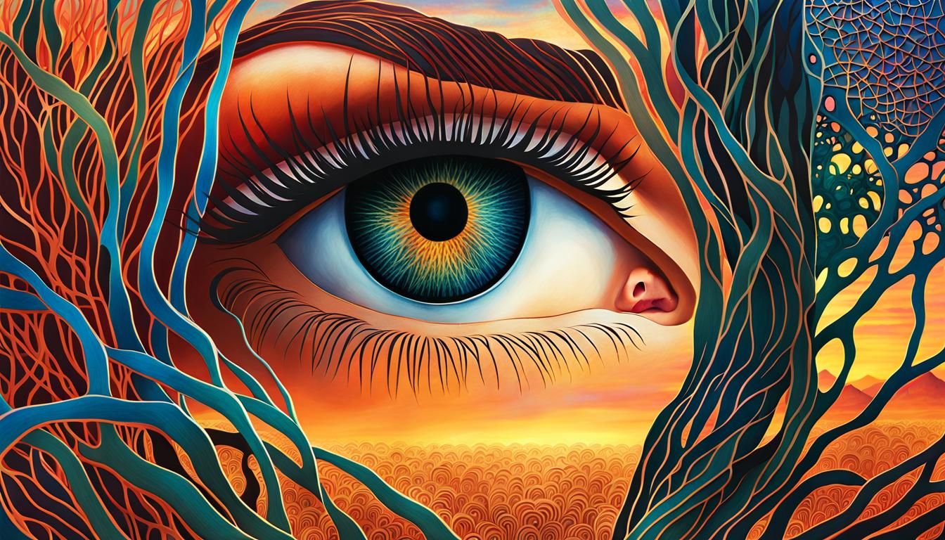 Surreal Sunset: Glowing Eyes in Bio Art Style