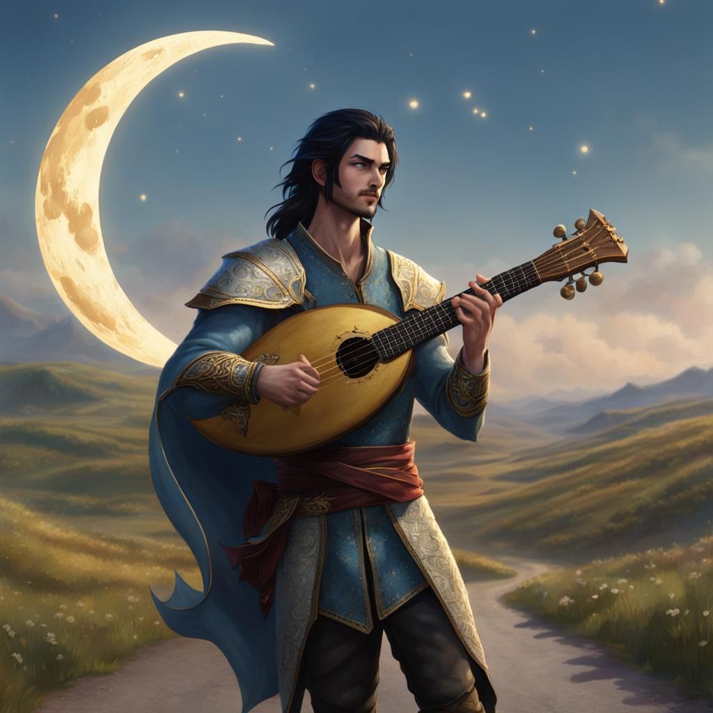 Moon Elf Bard Playing Lute on Open Road