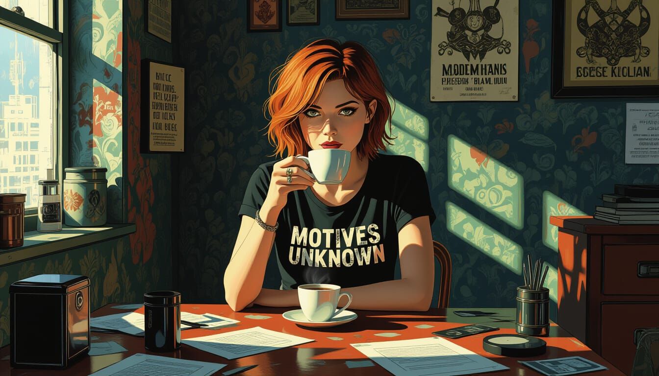 Art Deco Ginger Woman in Dimly Lit Apartment