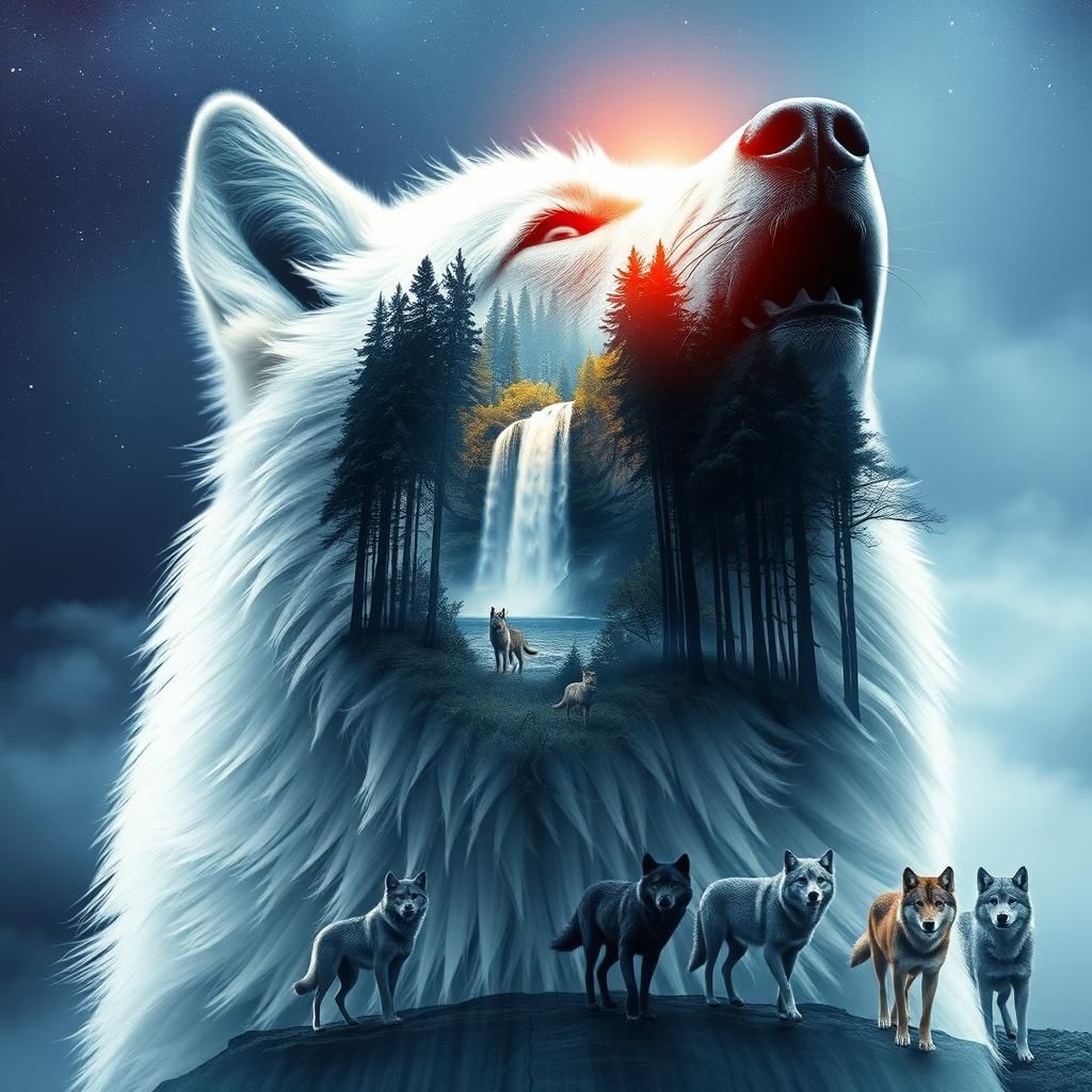 White Wolf Double Exposure with Ethereal Landscape
