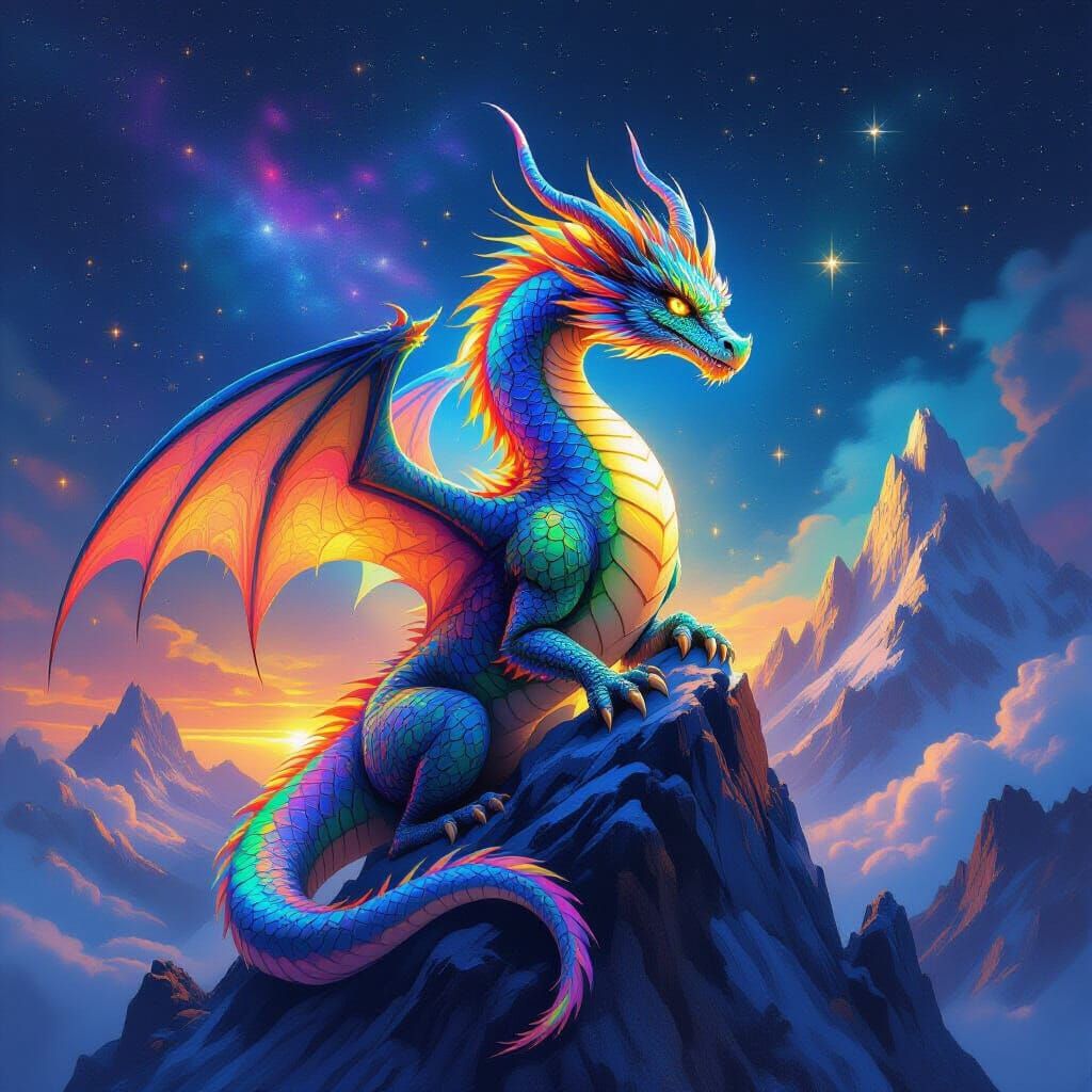Majestic Dragon with Rainbow Scales in Digital Painting Styl...