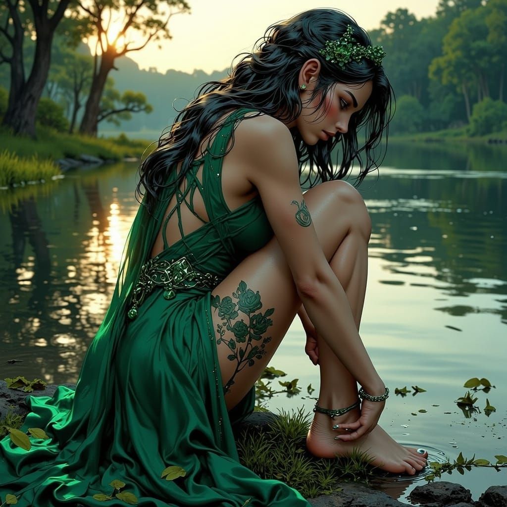 Powerful Woman in Feathered Dress by Tranquil Lake